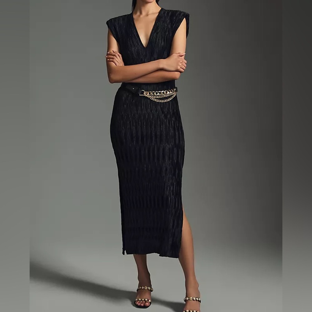 By Anthropologie Ruched V-Neck Midi Dress Black